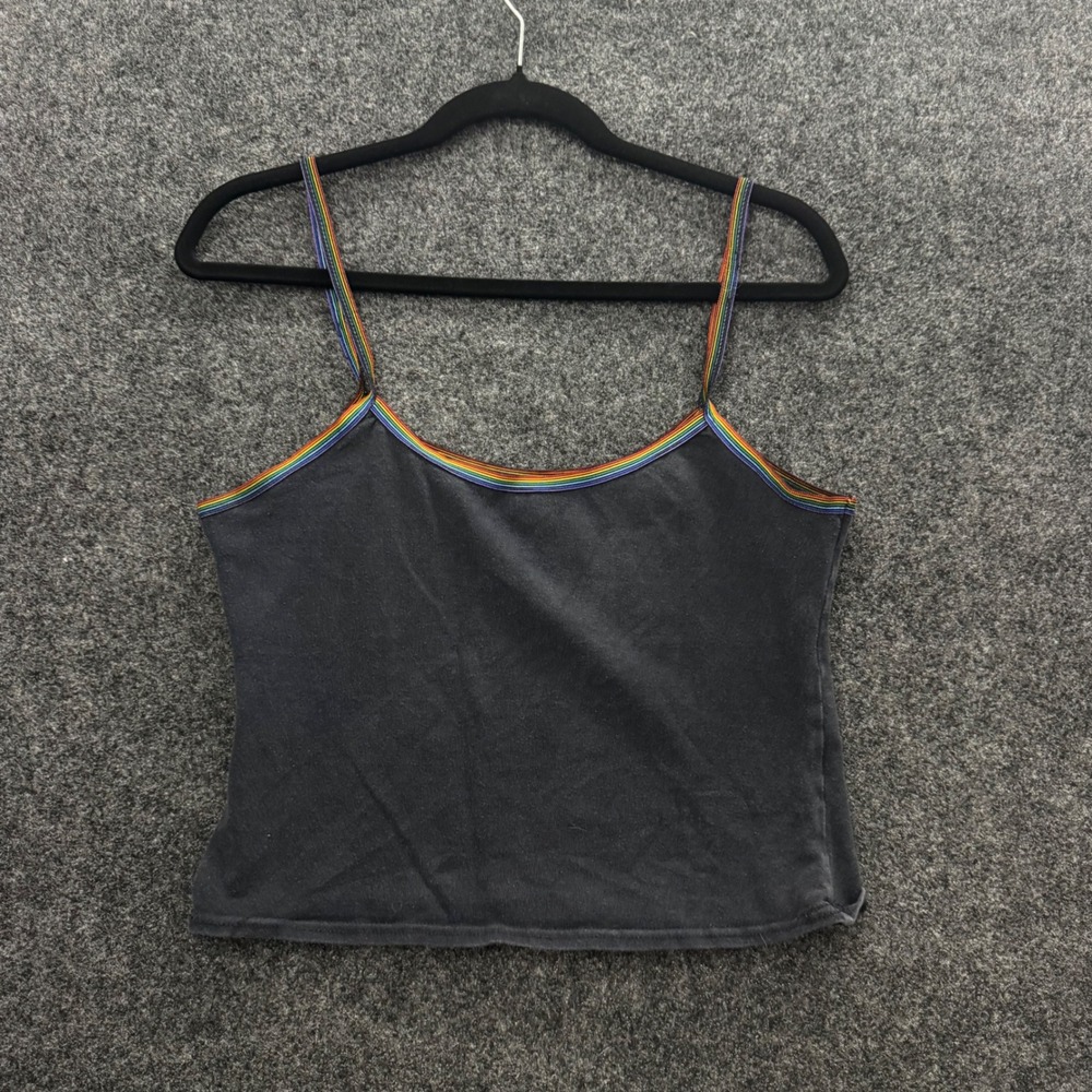 Vintage 90s Rainbow Stripe Trim Cami Top Black Sleeveless Camisole Womens